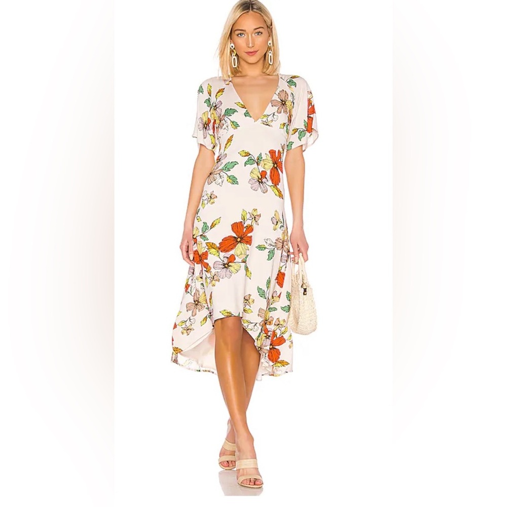 House of Harlow 1960 Cream High-Low Floral Midi Dress with Orange Blooms